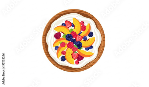 Top View Greek Yogurt Bowl with Strawberry Blueberry Raspberry Peach Cherry Vector