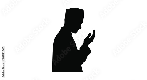 A striking black silhouette depicts a man in traditional clothing with his hand raised in prayer silhouette