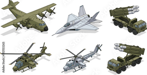 Set of isometric military vehicles including transport aircraft, fighter jets, helicopters, and missile launchers