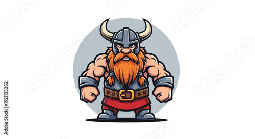 Fierce cartoon mascot of a muscular dwarf Viking with a large red beard, wearing a horned helmet and armor.