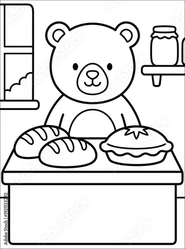 Cute Bear Baker with Bread and Pie Coloring Page
