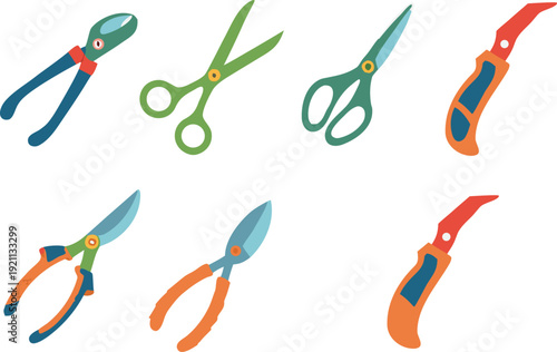 A colorful collection of gardening tools including shears scissors and pruners high quality