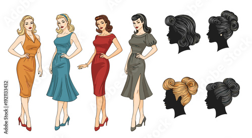 Set of four women in stylish retro dresses with various vintage hairstyles, shown in full color and silhouette profiles.