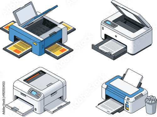 Set of office laser printers and inkjet scanners in isometric view for business workspace