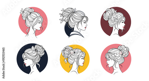 Set of six beautiful hand-drawn portraits of Japanese women with intricate traditional hairstyles, in colorful circular frames.
