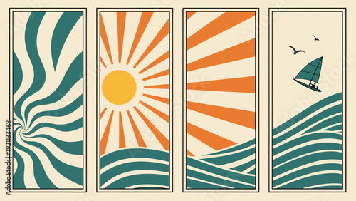 Gemini said

Seamless summer vector illustration of a retro sun and sea abstract background with colorful geometric stripes and a vintage floral ornament pattern for a travel banner design