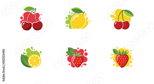 Collection of six fruit icons including cherry, lemon, and strawberry, with colorful juice splashes in the background.