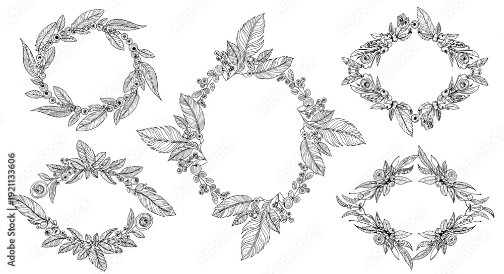 Obraz premium A set of beautiful and intricate hand-drawn floral and leafy wreaths in various shapes, perfect for vintage-style designs.