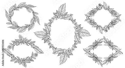 A set of beautiful and intricate hand-drawn floral and leafy wreaths in various shapes, perfect for vintage-style designs.