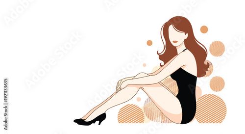 A stylish and minimalist illustration of a beautiful woman with long hair in a black swimsuit, sitting elegantly with abstract dots.