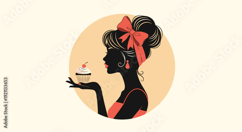 A beautiful silhouette of a retro-style woman with an elegant updo and a bow, holding a cupcake with a cherry on top.