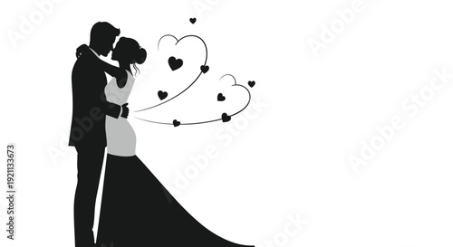 A romantic silhouette of a bride and groom embracing on their wedding day, with love hearts floating around them.