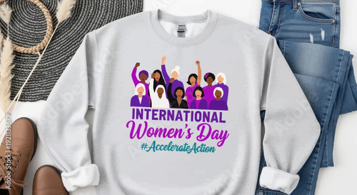 International women's day sweatshirt with purple and pink design jeans and brown shoes on white background