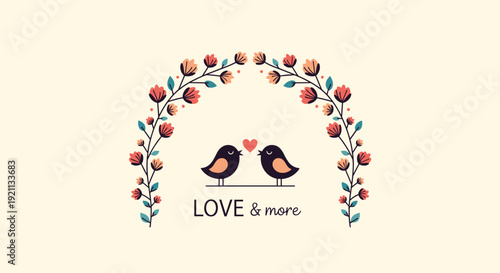 A charming and cute illustration of two love birds sitting under a romantic floral arch with 'Love & more' typography.