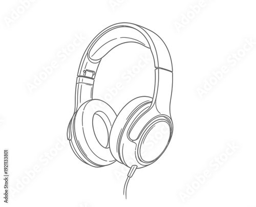 Line drawing of over-ear wired headphones with cushioned ear cups and headband. The sketch has a simple, clean design, evoking a minimalist feel.
