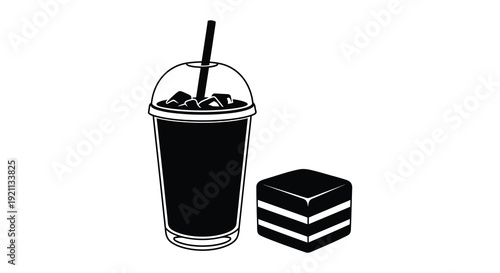 A striking black silhouette of bubble tea with tapioca pearls and a small cube dessert silhouette high quality