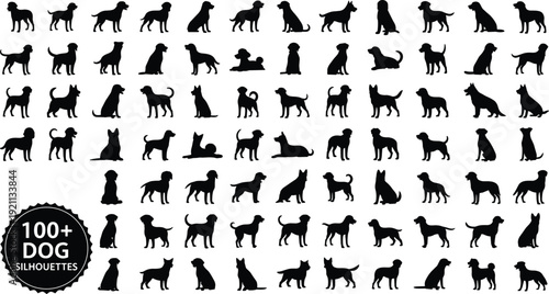 Dog, silhouette, pet, animal, canine, puppy, breed, collection, domestic, mammal, pedigree, standing, sitting, walking, vector,