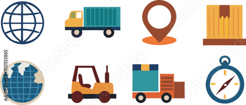 Colorful icons depicting various modes and aspects of global transportation and logistics