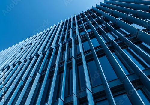 Modern office building facade with sleek, blue-toned, angular architecture, viewed from below against a clear sky, showcasing contemporary urban design and minimalist style