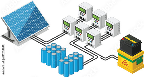 Solar energy system with panels, battery storage, power inverters, and renewable electricity components,