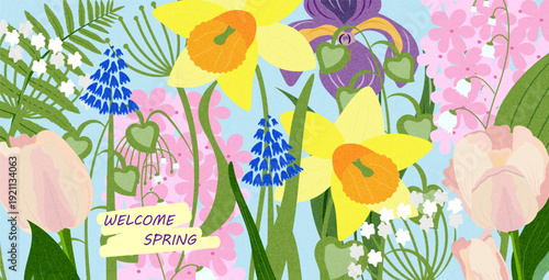  Colorful welcome spring floral background with tulip, daffodil and iris flowers. Bright botanical design for greeting card, seasonal banner, website header and marketing promotion.