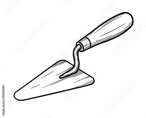 Illustration of a hand trowel with a pointed metal blade and a wooden handle. The sketch conveys a simple, functional design.