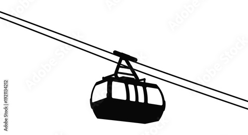 A black silhouette of a cable car suspended on wires against a stark white background creating a minimalist silhouette