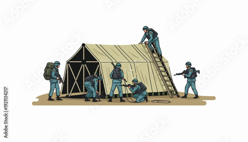 Illustration of soldiers in blue uniforms constructing a beige military tent with a ladder and various equipment on a plain background.