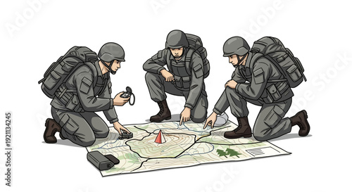 Illustration of three soldiers in military gear studying a tactical map with a compass and markers on a clean white background.
