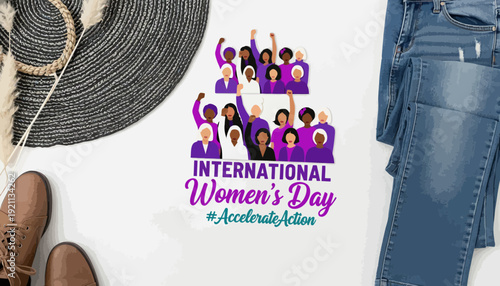 International women's day celebration with purple and teal text on white background with jeans hat and boots