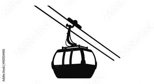 A black silhouette of a cable car suspended from wires against a plain white background silhouette high quality