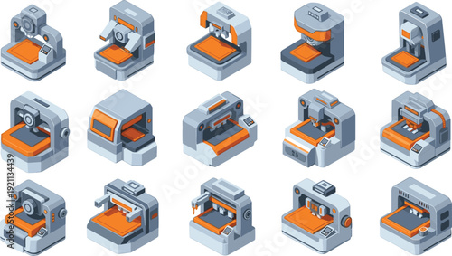 Isometric 3D printer pixel art set, industrial additive manufacturing machine icons for game design
