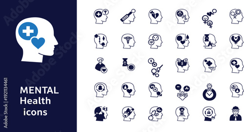 Mental health icons set with psychology symbols, brain health, emotional balance, therapy and medical mind care icons.