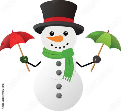 A cheerful snowman holds two colorful umbrellas shielding from winter weather high quality