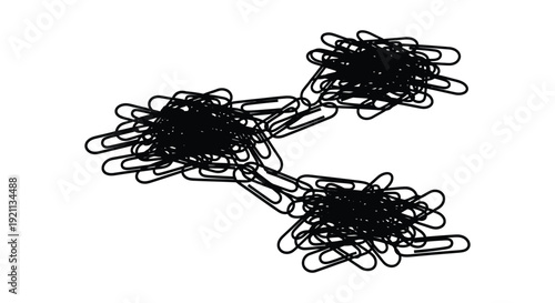 A chaotic arrangement of numerous black paperclips forms an abstract tangled shape presented as a silhouette high quality