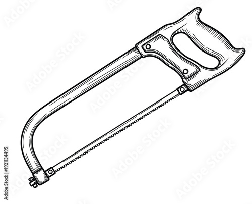Line drawing of a hacksaw with a curved metal frame and a jagged blade. The plastic handle has a contoured grip, conveying functionality.