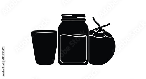 A striking black silhouette depicts a coconut glass and jar representing tropical refreshment silhouette high quality professional detailed