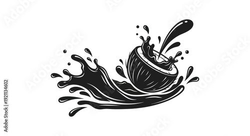 A dramatic splash of dark liquid erupts from a broken coconut shell creating a bold artistic silhouette