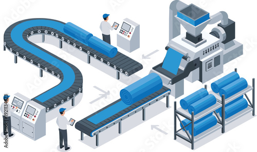 Automated textile factory production line with conveyor belts, fabric rolls, and industrial worker monitors