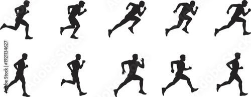 Collection of male runner silhouettes in dynamic sprint and jogging poses isolated on white background, sport training and fitness concept set