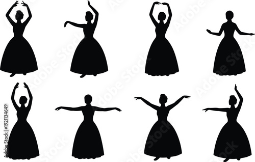 Collection of elegant ballet dancer silhouettes in graceful poses isolated on white background, classical ballerina set for dance, art, and performance design