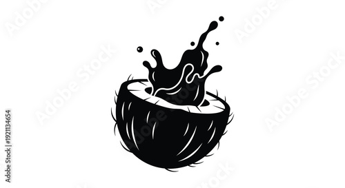 A striking black illustration depicts a broken coconut with liquid splashing upwards presented as a silhouette high quality