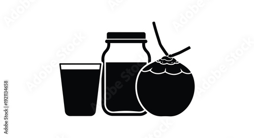 A striking black silhouette depicts a fresh coconut a glass and a jar with a straw silhouette