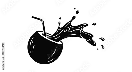 A black silhouette depicts a cracked coconut with a straw liquid splashing upwards in a dynamic composition silhouette
