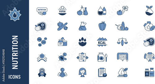 Nutrition icons set with healthy food, organic vegetable, meal planning, calorie counting and balanced diet symbols.