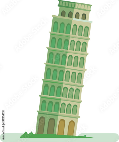 A colorful cartoon illustration depicts the leaning tower of pisa in italy