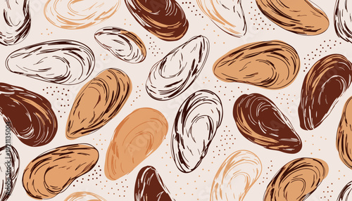 elegant oyster and mussel shell seamless pattern illustration in warm brown terracotta and cream tones on light background for seafood and coastal themed design