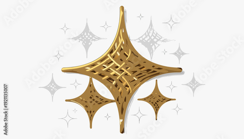 luxury golden metallic 3d star sparkle icon with geometric lattice center and silver glitter accent stars on white background for premium and festive design