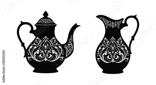 Detailed black silhouettes of an ornate teapot and matching creamer showcasing intricate floral patterns silhouette high quality professional