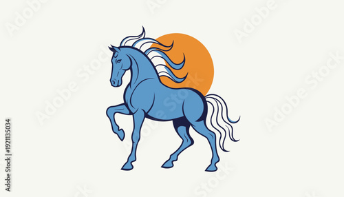 elegant blue horse prancing silhouette with flowing mane and orange sun circle logo illustration in flat design style on white background